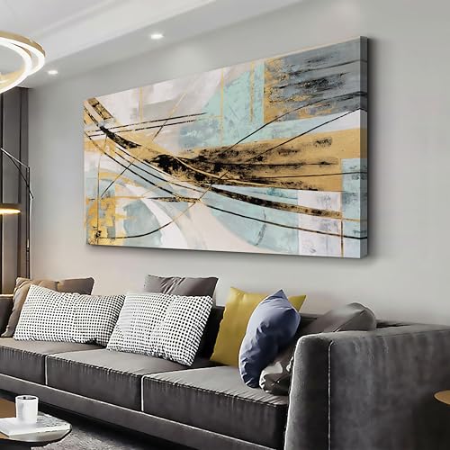 Abstract Wall Art Framed Wall Decor Modern Canvas Abstract Wall Art Black-Gold and Blue Grey Abstract Artwork for Living Room Bedroom Dining Room Home Office Decor 20"x40" - color: Gold Blue Grey, size: 40"L x 20"W