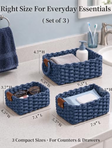 Small Wicker Baskets, 3 PCS Paper Rope Baskets for Shelves, Blue - color: Blue