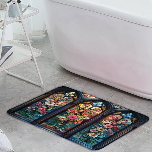 Stained Glass Bath Mat, Vintage Window Art Gothic Floral 17.7 x 29.5 Inch - size: 29.5" x 17.7" (Rectangular)