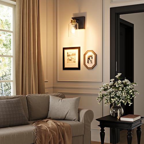 Wireless Battery Operated Wall Sconce Set of Two with Remote Control | Black & Gold Dimmable Rechargeable Wall Lights with Timer, Easy Install Glass Lamp for Living Room Bedroom, Emergency 3000K - color: Black Gold(Clear Lampshades)