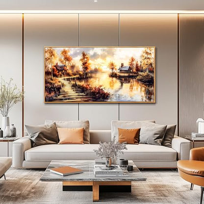Large Framed Rustic Farmhouse Landscape Wall Art for Living Room, 40x20 In - color: Countryside Painting Wood Framed, size: 40"L x 20"W