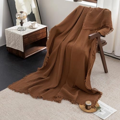 FOSSA Muslin Blanket 4-Layer 100% Cotton Gauze Blanket with Fringe 50"x70" - color: Dark Orange, size: Throw XL (50" × 70")