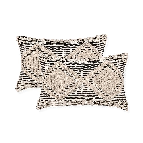 · REDEARTH · Boho Textured Handwoven Throw Pillow Cases, Diamond Medley - color: Diamond Medley Black, size: 20" x 12" (Pack of 2)