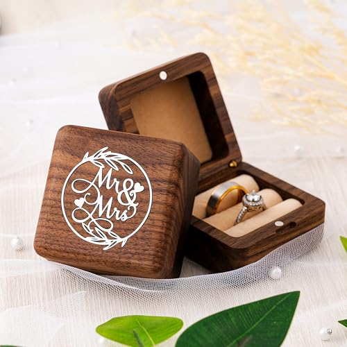 KWOOD Custom Wooden Wedding Ring Box for 2 Rings, Engraved Mr & Mrs Double Ring Holder for Wedding Ceremony Ring Bearer Box Anniversary Birthday Gift Ideas - style: S-Mr & Mrs