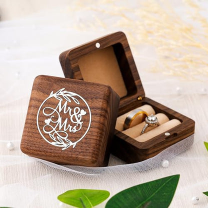 KWOOD Custom Wooden Wedding Ring Box for 2 Rings, Engraved Mr & Mrs Double Ring Holder for Wedding Ceremony Ring Bearer Box Anniversary Birthday Gift Ideas - style: S-Mr & Mrs