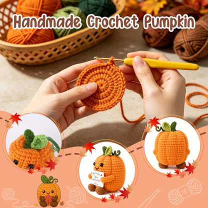 Autumn Fall Decorations for Home on Thanksgiving, Fall Basket Stuffer for Women Handmade Crochet Pumpkin with Postive Card, Halloween Thanksgiving Gifts for Women Hostess Teachers Friends Coworkers