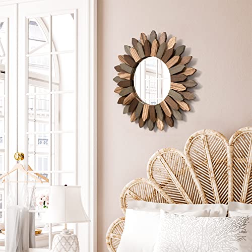 Emfogo Wall Mirror 12 inch Rustic Wood Sunburst Boho Mirror Farmhouse Wall Decor Room Decor Home Decor for Bedroom Living Room Entryway (Tri-Color) - color: Tri-color, size: 12"L x 12"W