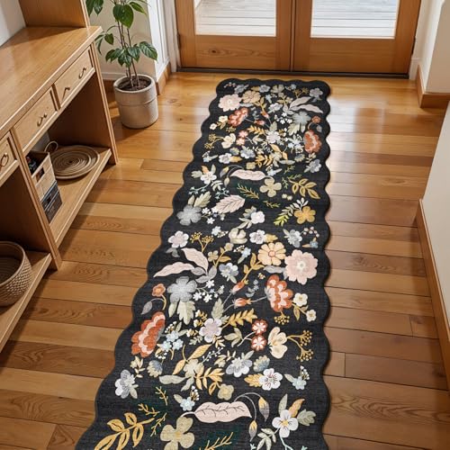 2x8ft Scalloped Hallway Runner Rug: Washable Floral Kitchen Runner Black - color: Black, size: 2' x 8' (Runner)