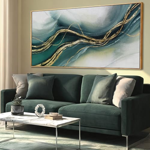 Green and Gold Abstract Wall Painting 29x58 Inch, Large Framed Canvas Artwork with Wooden Frame, Contemporary Home Accents for Bedroom Dining Room or Hallway - color: Teal & Gold, size: 58"L x 29"W