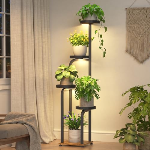 iDavosic.ly Tall Plant Stand Indoor with Grow Lights & Metal Trays, Brown - color: Black with Light