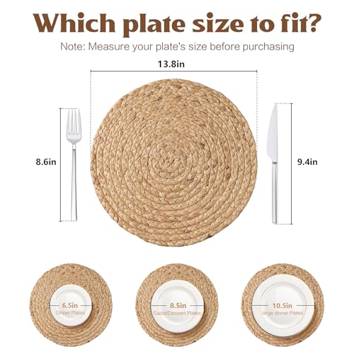 Aofmee 13.8 inch Round Woven Placemats Set of 6, Boho Rattan Place Mats, Natural Water Hyacinth Table Placemats, Farmhouse Weave Table Mats, Rustic Braided Wicker Charger Plates for Dining Table Decor - size: 13.8 Inch Set of 6
