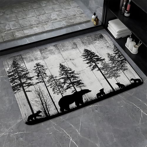Rustic Bear Bathroom Rugs Cabin Retro Wooden Board Tree Forest Farmhouse Country Camping Hunting Nature Safari Wild Animal Bath Mat Bedroom Kitchen Toilet Floor Doormat 24x47 - color: Grey, size: 24x47