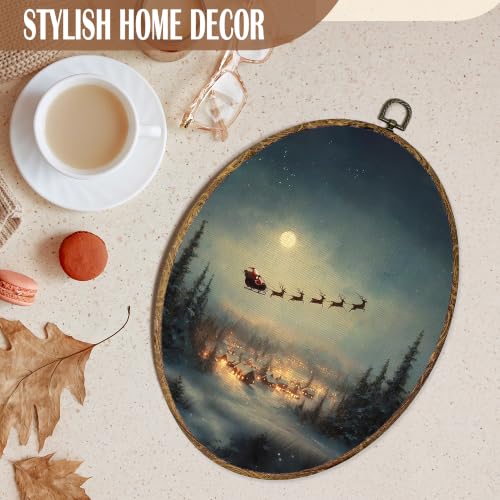 FSTCSV Christmas Santa Sleigh Reindeer Oval Wall Art Framed 8.8x11.5in - color: oval-3