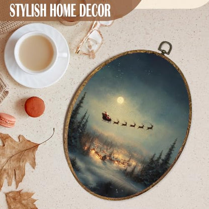 FSTCSV Christmas Santa Sleigh Reindeer Oval Wall Art Framed 8.8x11.5in - color: oval-3
