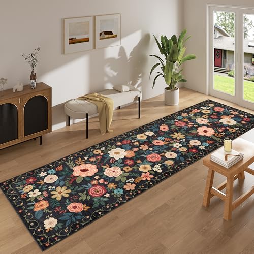 DUKINO 2x10 Runner Rug, Floral Washable Kitchen Runner Rug Non Slip, Black - color: Black, size: 2' x 10' (Rectangular)