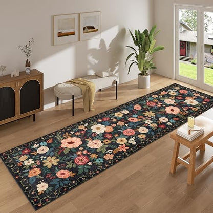 DUKINO 2x10 Runner Rug, Floral Washable Kitchen Runner Rug Non Slip, Black - color: Black, size: 2' x 10' (Rectangular)