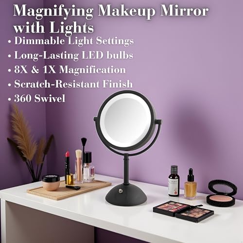 JERDON Tabletop Makeup Mirror with Lights - 1X/8X Magnification - Black 8.5" Vanity Mirror - Model HL8808BKL - color: Black