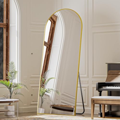 VooBang Arch Mirror Full Length, 26" x 71" Floor Mirror with Stand, Aluminum Alloy Frame Full Body Mirror, Standing Hanging or Leaning Against Wall for Bedroom and Living Room, Gold - color: Gold, size: 71"L x 26"W
