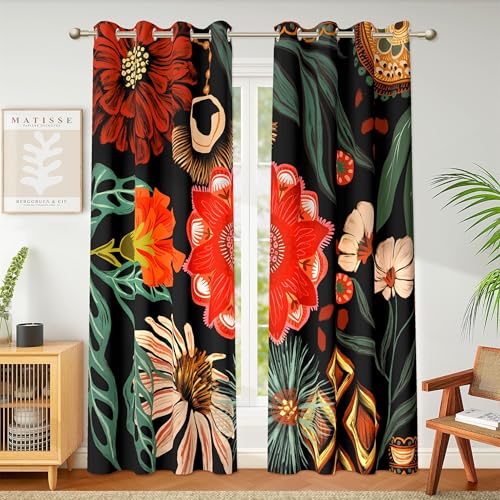 Tyrot Black Floral Grommet Blackout Curtains, 52W x 84L, 2 Panels - color: Crimson Shadow, size: 52"W x 84"L (Pack of 2)