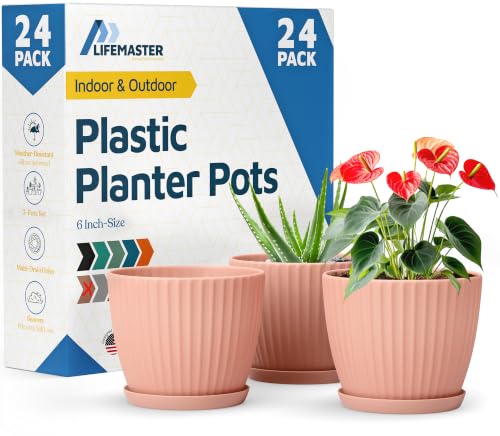 Pink 6-Inch Plant Pots with Drainage & Saucers 24 Pack, Indoor & Outdoor Planters for Houseplants, Herbs, and Flowers, Durable & Weatherproof Material, Stackable, Lightweight, Minimalist Design - color: Pink, size: Pack of 24