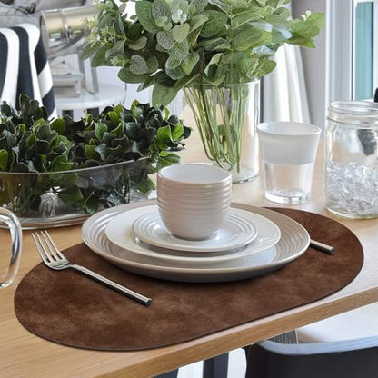 ADRIMER Oval Placemats Set of 6, Wipeable Faux Leather, Brown - color: Brown