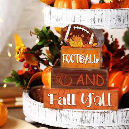 4 Pcs Fall Football Table Decor Football Wooden Blocks Signs with Sayings - style: Football