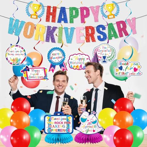 Work Anniversary Decorations: Happy Anniversary Banner Happy Anniversary Decorations with Hanging Swirls Honeycomb Centerpieces Balloons Office Employee Worker Appreciation Decor