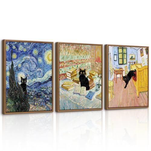 WENGTIAO 3Pcs Funny Black Cat Van Gogh Famous Painting Wall Art 12" x16x3 - color: Funny Black Cat, size: 12"x16"x3Pcs