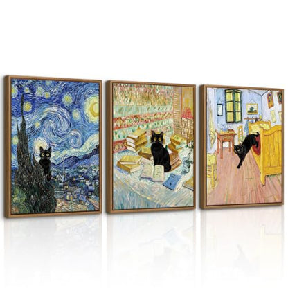 WENGTIAO 3Pcs Funny Black Cat Van Gogh Famous Painting Wall Art 12" x16x3 - color: Funny Black Cat, size: 16"x24"x3Pcs