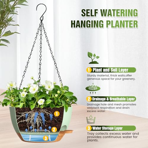 10 Inch Self-Watering Hanging Planters Set of 3 with Saucers - color: Green Brown, size: 10 Inch 3 Pack
