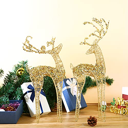 2pc Set White Bead Gold Winding Thread String Christmas Reindeer Figurine Table Desk Decorations Glittering Xmas Holiday Party Supply - color: Gold