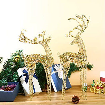 2pc Set White Bead Gold Winding Thread String Christmas Reindeer Figurine Table Desk Decorations Glittering Xmas Holiday Party Supply - color: Gold