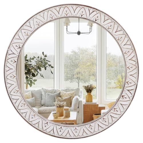 12in Round Mirror Farmhouse Wooden Frame Circle Mirrors, Rustic Decorative Distressed Wall Mounted Mirror for Bathroom, Bedroom, Living Room, Entryway, Fireplace, Hall - color: Flower White, size: 12"L x 12"W
