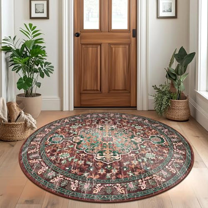 U'Artlines Boho Round Area Rug 4ft Machine Washable Carpet, Rust＆Teal - color: Rust＆teal, size: 4' (Round)