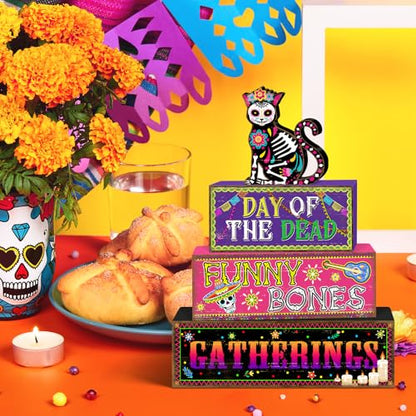 Britimes Halloween Tiered Tray Decor Set, 4 Pack, Wooden Table Sign - style: Day of The Dead