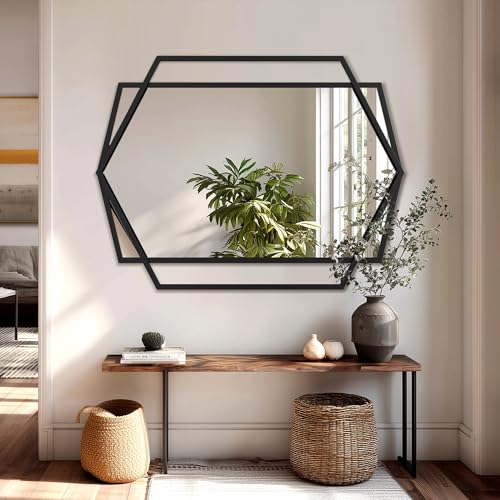 40''X30'' Hexagon Mirror Black Metal Framed Wall Mounted Geometric Bathroom Mirrors for Over Sink, Hexagon and Rectangular Mirror Vertical or Horizontal Hanging for Entryway, Living Room