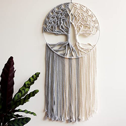 GUKALYLY Tree of Life Macrame Wall Hanging, Handmade Woven Boho Wall Art, Grey and White Round Macrame Wall Decor for Bedroom Nursery Apartment Dorm, Gift for Mom & Women, 13" W x 31.5" L