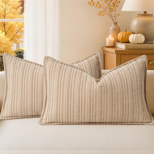 a moment Khaki Designer Textured Throw Pillow Covers 12x20 Set of 2 Vertical Striped Chenille Cushion Covers Decorative Pillowcases for Couch Sofa Bed Living Room Boho Farmhouse Home Decor - color: Khaki, size: 20" x 12" (Pack of 2)