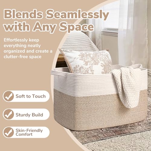 Goodpick 85L Large Woven Rope Blanket Basket, White & Light Brown - color: White & Light Brown, size: X-Large(23.6"L x 15.7"W x 13.8"H)