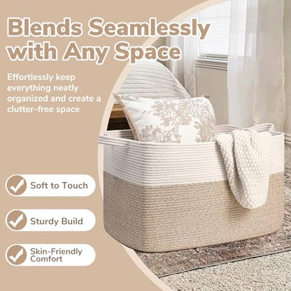 Goodpick 85L Large Woven Rope Blanket Basket, White & Light Brown - color: White & Light Brown, size: X-Large(23.6"L x 15.7"W x 13.8"H)
