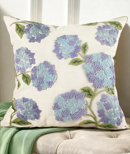 Embroidered Throw Pillow Cover, 18x18 Inch, Blue Hydrangea - color: Blue-hydrangea, size: 18" x 18" (Pack of 1)