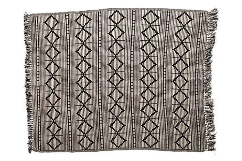 Bloomingville Soft Reclaimed Cotton Blend Throw with Diamond Pattern and Fringe, Black and Beige - color: Black and Beige