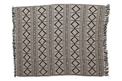 Bloomingville Soft Reclaimed Cotton Blend Throw with Diamond Pattern and Fringe, Black and Beige - color: Black and Beige