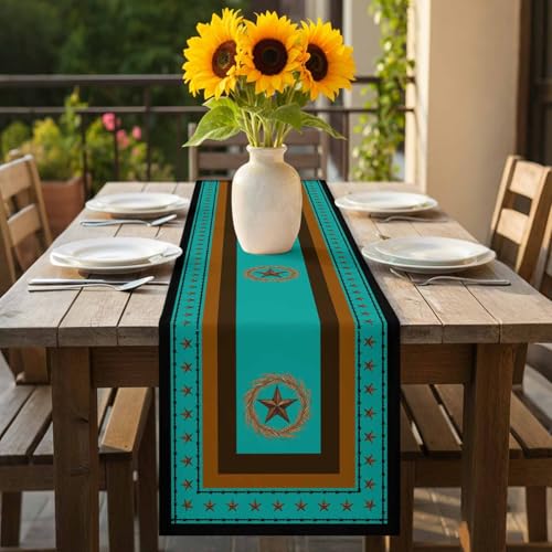 Western Texas Stars Retro Table Runner 36 Inches Long,Rustic Wheat Ears Blue Cotton Linen Table Runners Dresser Scarves,Farmhouse Fabric Tabletop Scarf Furniture Cover for Home Dinner Party 13"x36" - color: Blue Green, size: 13x36 Inches