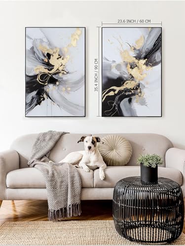 SAFERRYHOME Framed Abstract Black and Gold Modern Wall Art, Large 24"x36"x2 - color: Black Gold 1, size: 24" x 36" x 2 Panel Framed