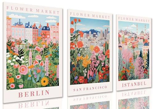 XLARTMY Flower Market Wall Art Prints Canvas Orange and Pink Floral Paintings Colorful Botanical Travel Flower Posters for Home Decor Pictures Set of 3 for Living Room Bedroom 16x24in Unframed - color: Flower Market ORange-2, size: 16x24in Canvas