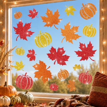 Glitter Fall Window Clings Autumn Thanksgiving Window Stickers Decals Decor - color: Fall Glitter