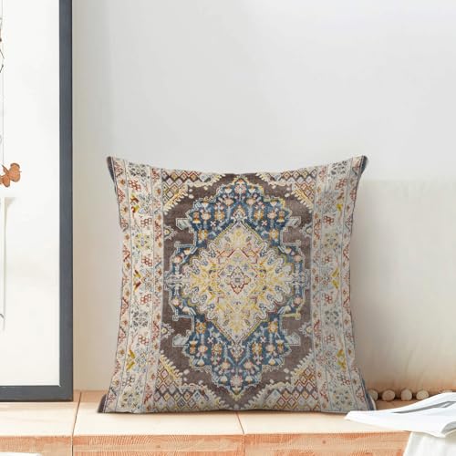 Boho Pillow Covers 18x18 Set of 2, Bohemian Carpet Pattern Brown Yellow Decorative Throw Pillows Vintage Farmhouse Outdoor Farmhouse Pillows for Sofa Couch Bedroom Decor - color: Brown Yellow, size: 18" x 18" (Pack of 2)