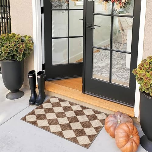 Front Door Rug - 2x3 Brown Beige Checkered Diamond Entry Rug - color: Diamond - Brown Beige, size: 2' x 3' (Rectangular)