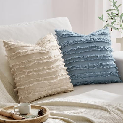 MIULEE Boho Linen Striped Throw Pillow Covers 18x18, Neutral Beige - color: Natural Beige, size: 18" x 18" (Pack of 2)